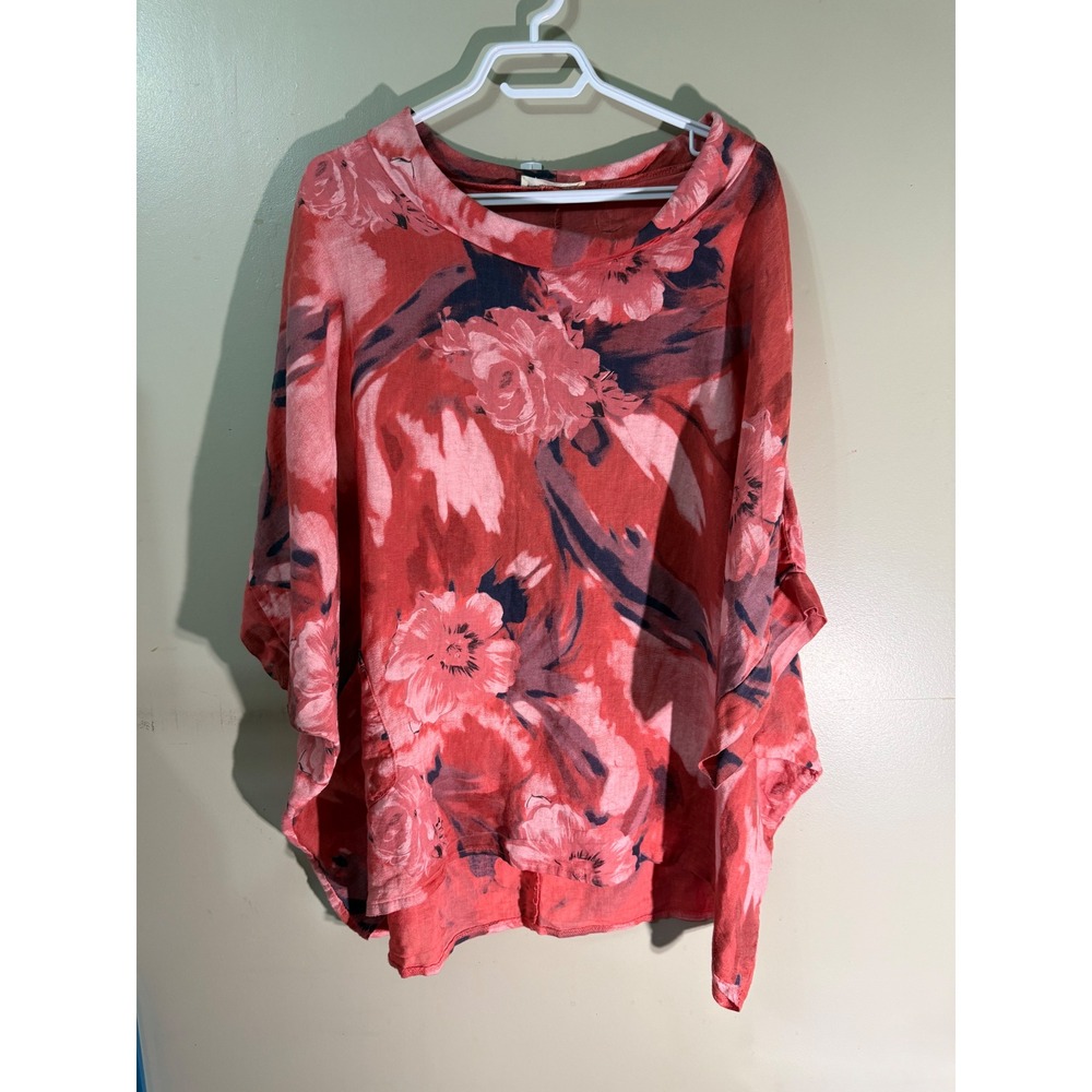 New Collection Italy 100% Linen Floral Tunic Top Coral Pink Oversized Lagenlook